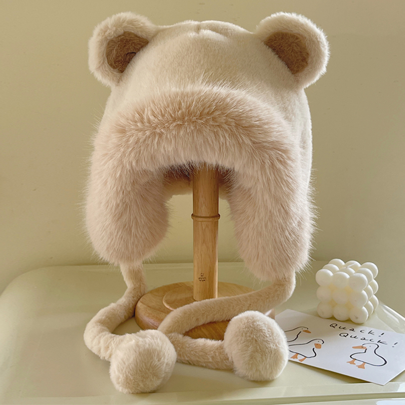 卡通可爱小熊毛绒帽子女秋冬季骑车保暖护耳帽冬天加厚护耳雷锋帽