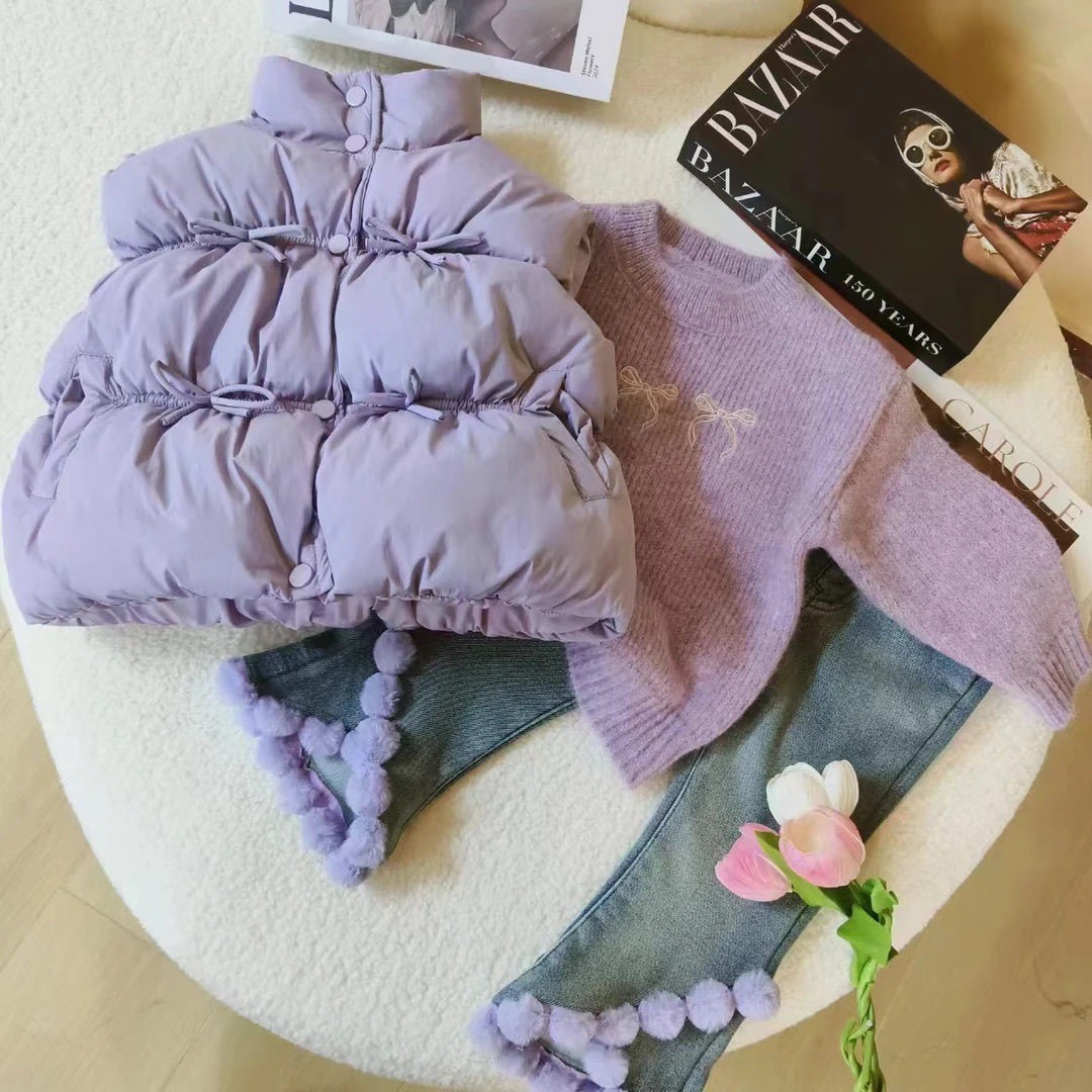 女童2024冬季新款时髦网红女宝宝棉马甲毛衣加绒加厚裤子三件套女