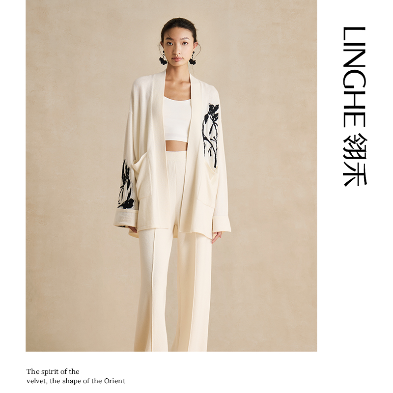 翎禾LINGHE「秋夜鸢绫」-长袖针织外套鸢尾花秋冬女