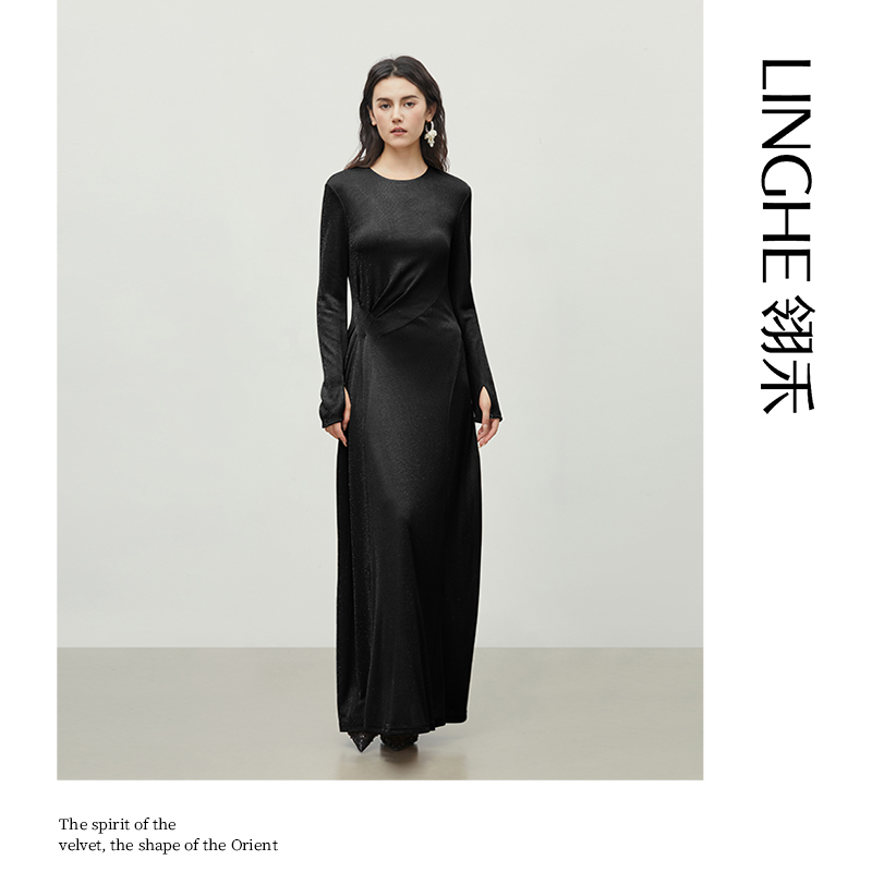 翎禾LINGHE-显瘦复古时尚静奢风气质设计款个性细闪醋酸连衣裙