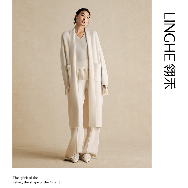 翎禾LINGHE-「初境」秋冬慵懒风休闲纯色保暖长款100羊绒针织外套