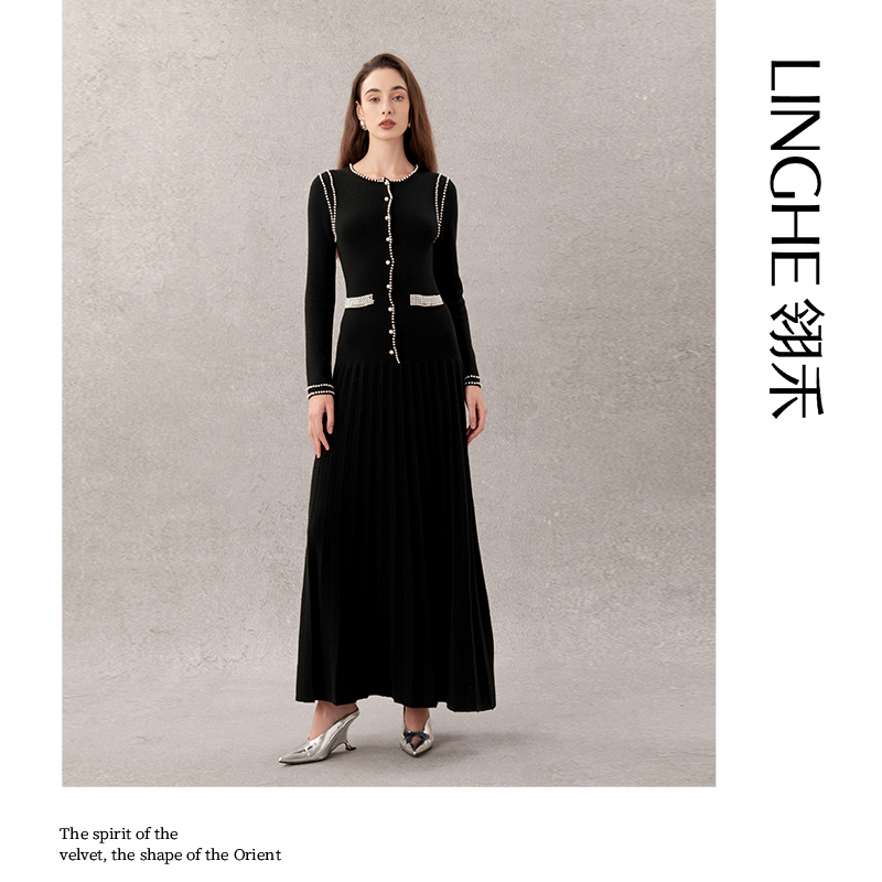 翎禾LINGHE-秋冬时尚长款修身珍珠100山羊绒针织连衣裙