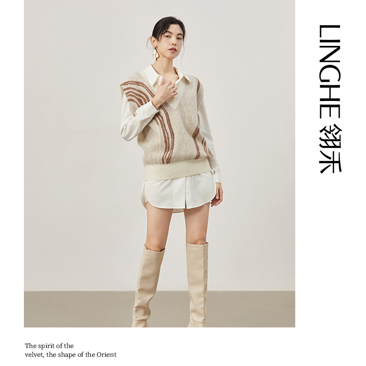 翎禾LINGHE-「石间」秋冬复古宽松毛圈岩石纹山羊绒V领针织马甲