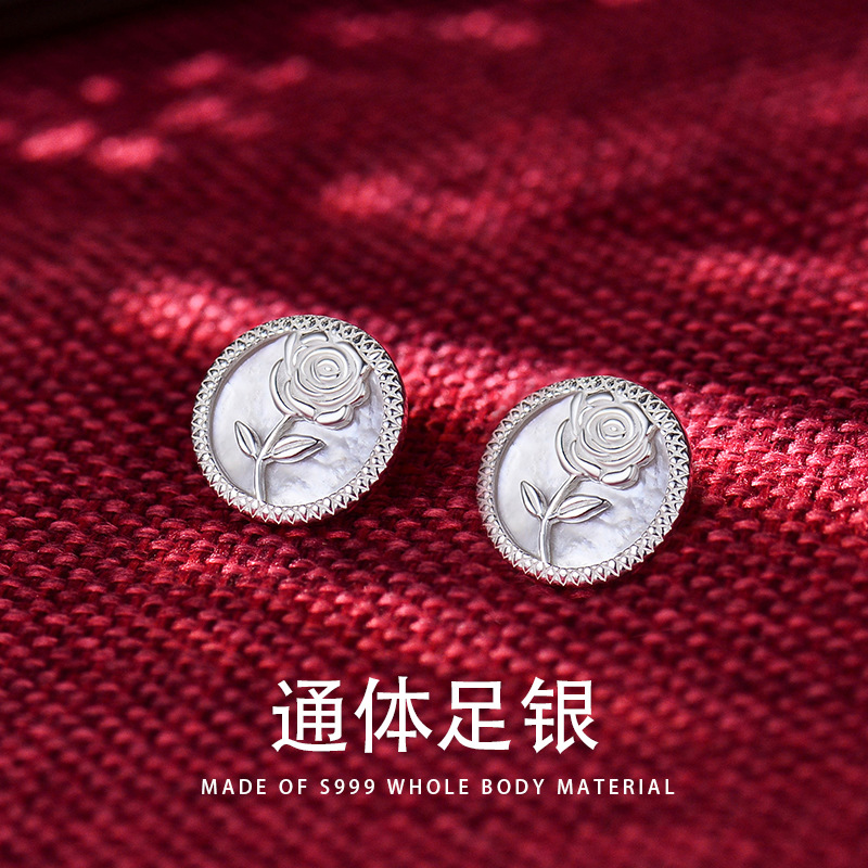 足银耳饰 纯银999玫瑰圆形螺丝耳钉小众设计高级感耳环复古纯手工