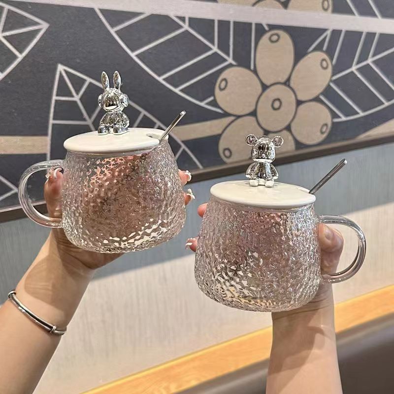 【疯抢福利】锤纹小熊玻璃咖啡杯带盖ins高颜值可爱水杯女生办公室