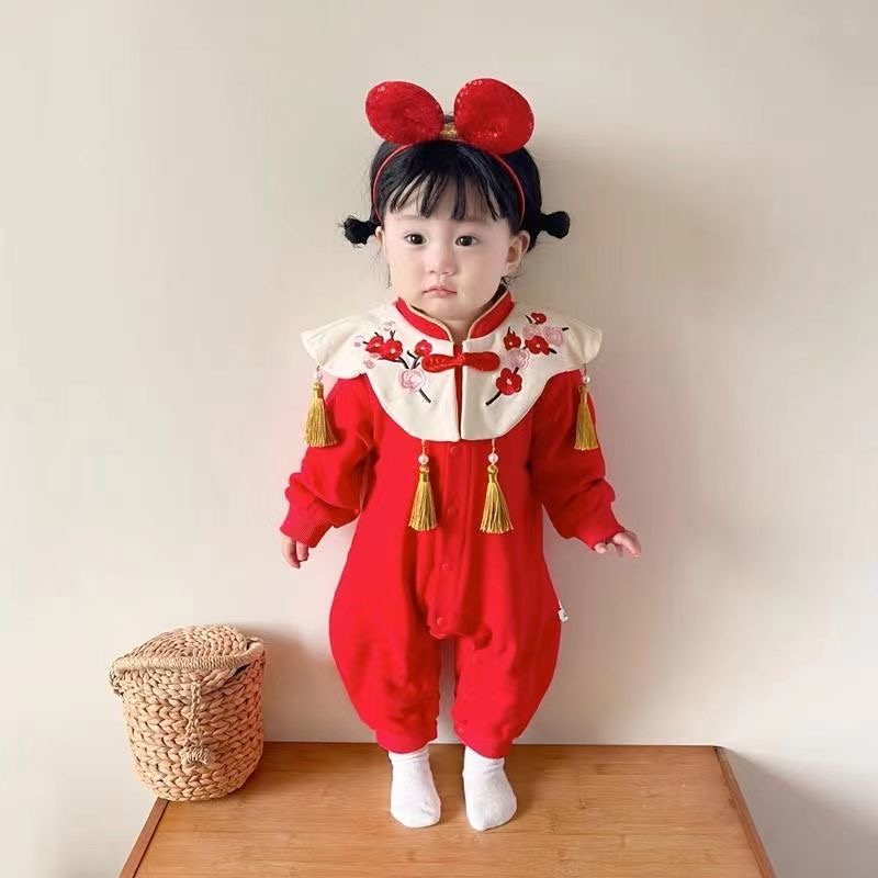 婴儿连体衣秋冬款中国风周岁宴哈衣礼服冬装女宝宝可爱公主连体衣