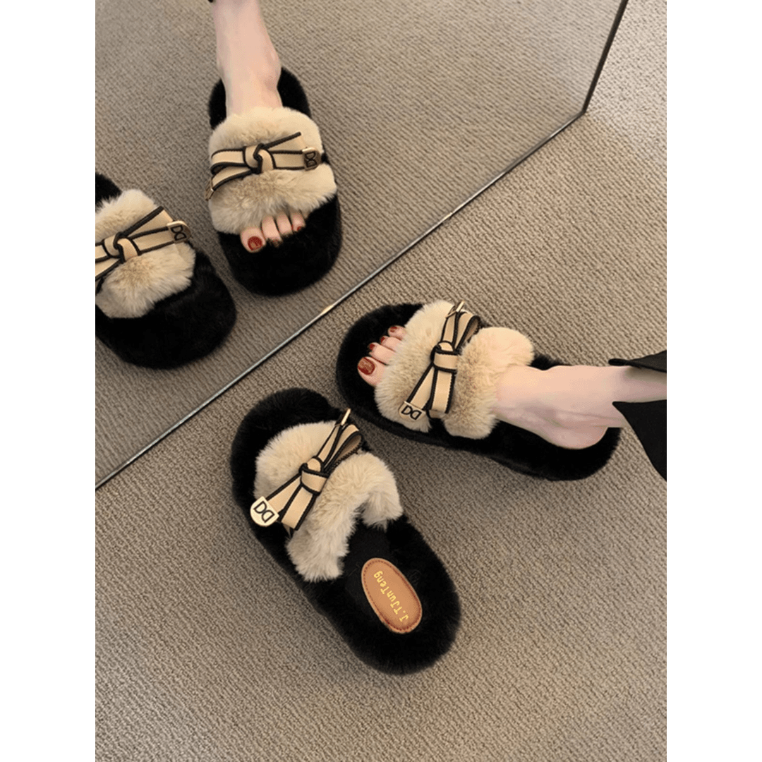 增高7cm小个子毛毛棉拖鞋女2024秋冬新款蝴蝶结百搭网红居家外穿