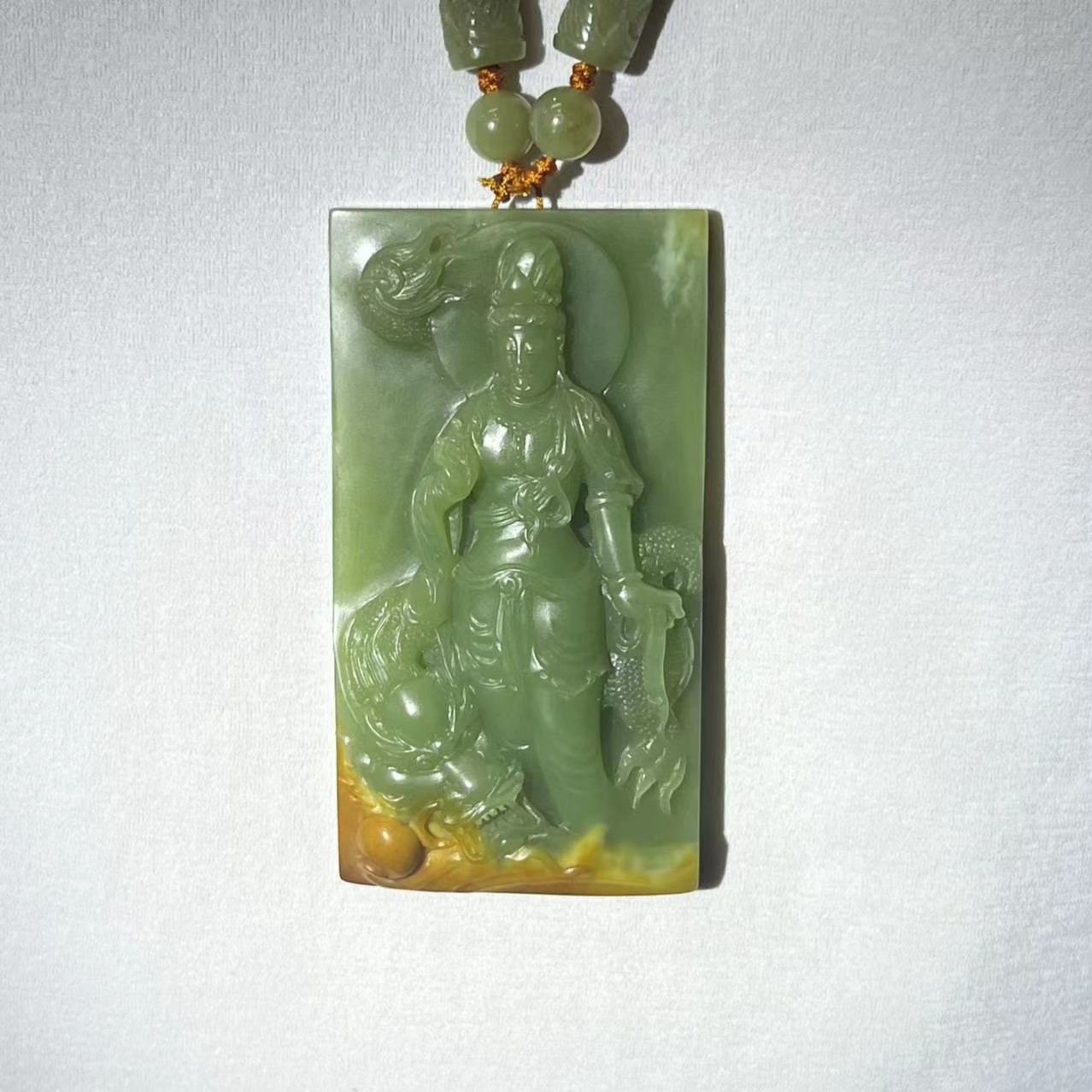 纯天然析木河磨玉黄绿肉纯手工苏工雕刻祥龙观音菩萨男士吊坠