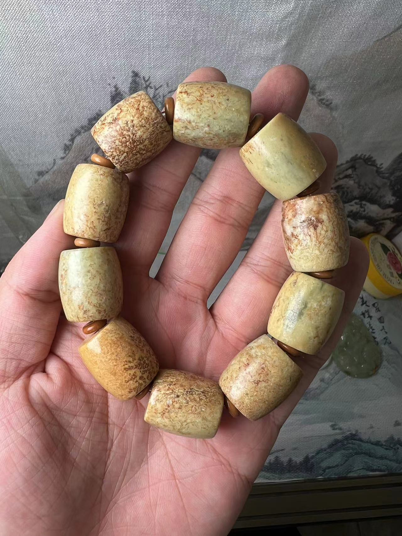 精品黄金细油皮滚筒珠子椴树林黄金皮子男士手链