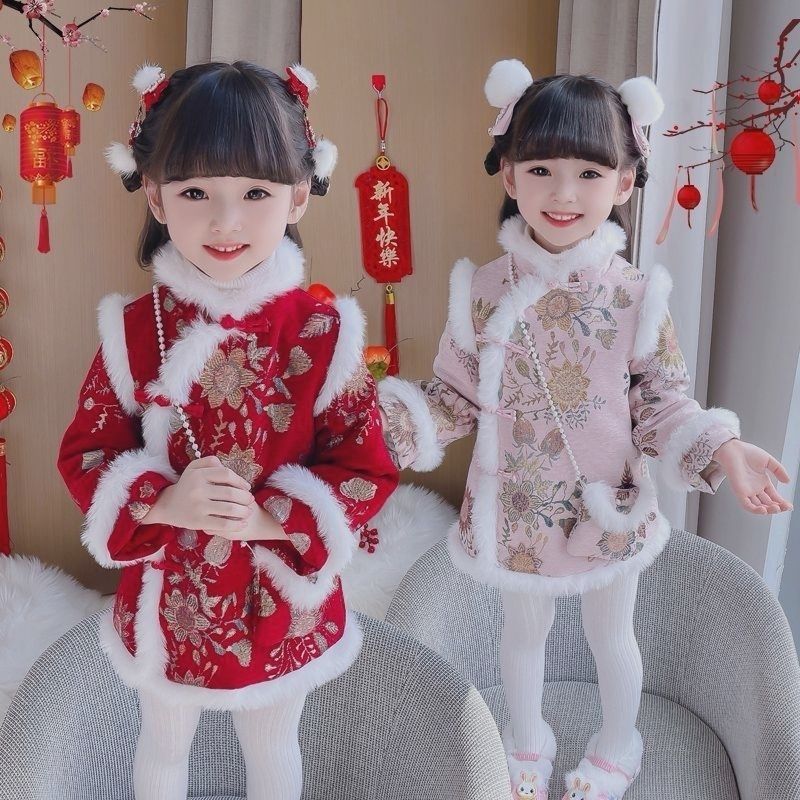 秋冬女童汉服2024新款保暖儿童外套女孩拜年服中风唐装旗袍周岁