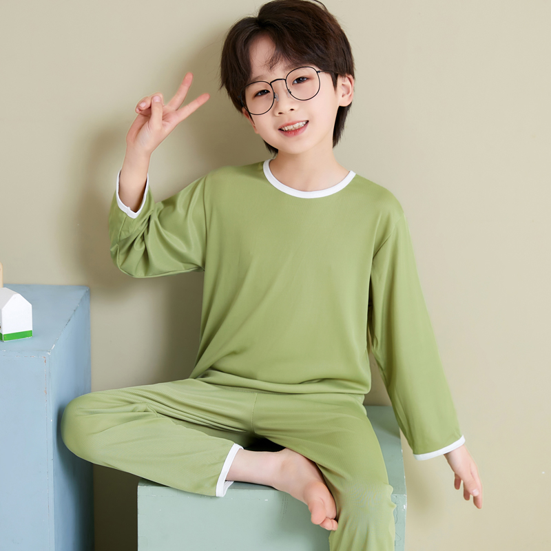 儿童冰丝睡衣夏季薄款男女童中小童长袖长裤宝宝空调服家居服套装
