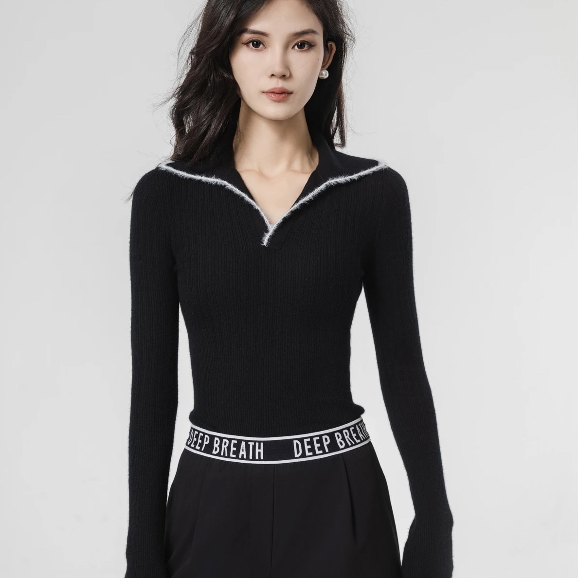 阿玛施AMASS 毛边翻领竖柔软坑条针织衫5399635