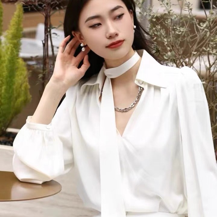 阿玛施/AMASS季气质链条飘带蚕丝V领衬衫5300968附飘带