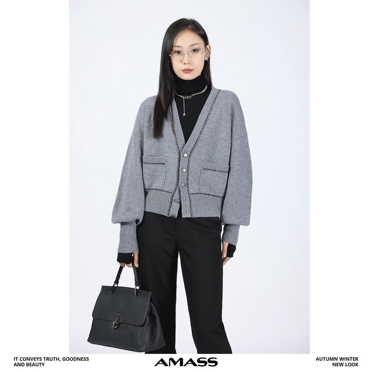 阿玛施AMASS 秋冬老钱风拼接百搭学院风针织开衫5499225