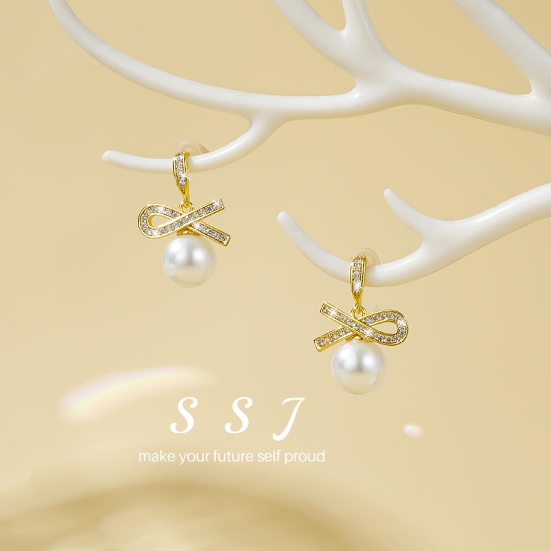 铜合金合成锆石耳饰 S925银针蝴蝶结时尚气质耳环设计感