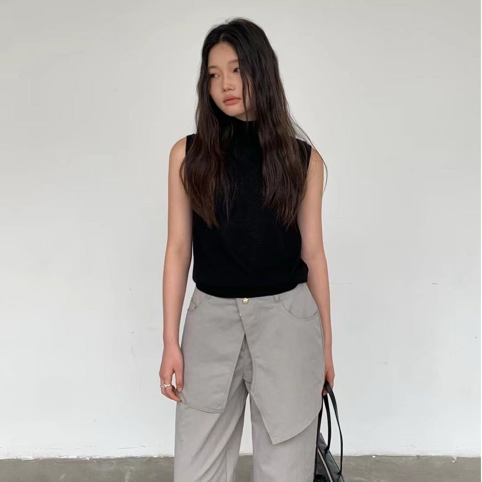 薄款针织螺纹半高领上衣秋季2024新款纯色无袖宽松针织背心女内搭