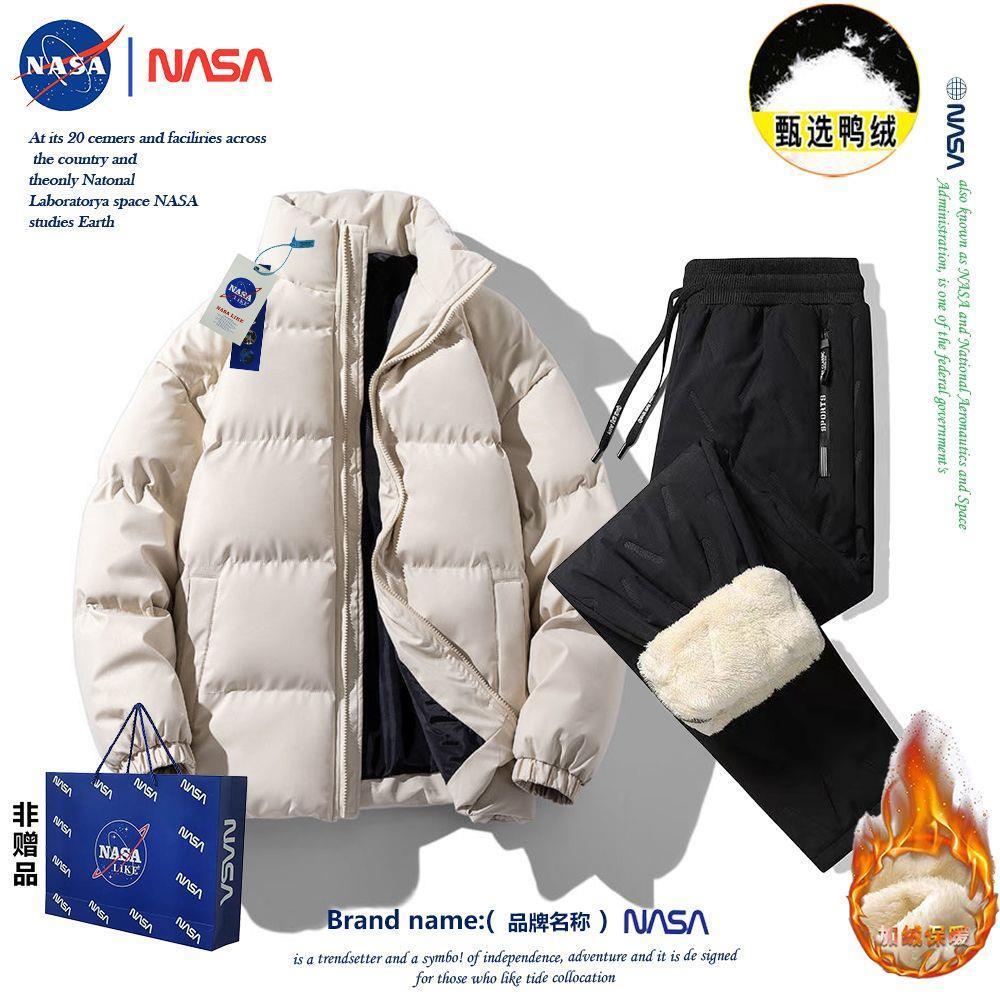 NASA联名加绒长裤搭配加厚保暖棉服外套男女宽松套装两件一整套