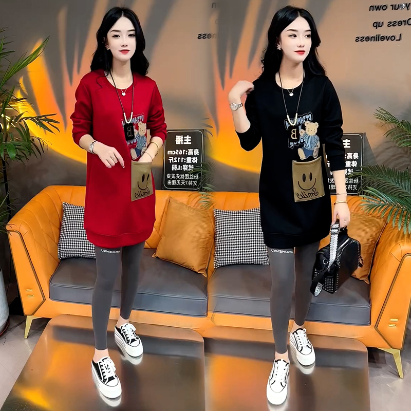 2024新款秋冬高档上档次加厚圆领加绒卫衣女秋冬中长款遮屁股外套