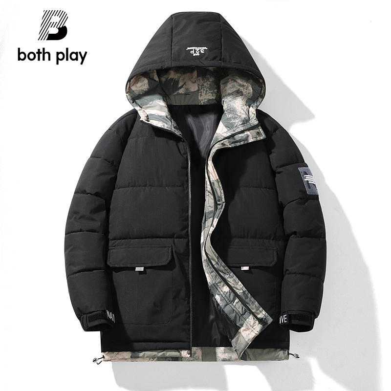 BOTH PLAY棉衣外套男冬季加绒加厚连帽夹克防风防寒保暖工装棉服