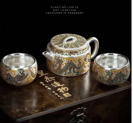 天之四灵图案高端茶壶一壶2杯周鸿杰老师高档茶具鎏银壶礼盒装