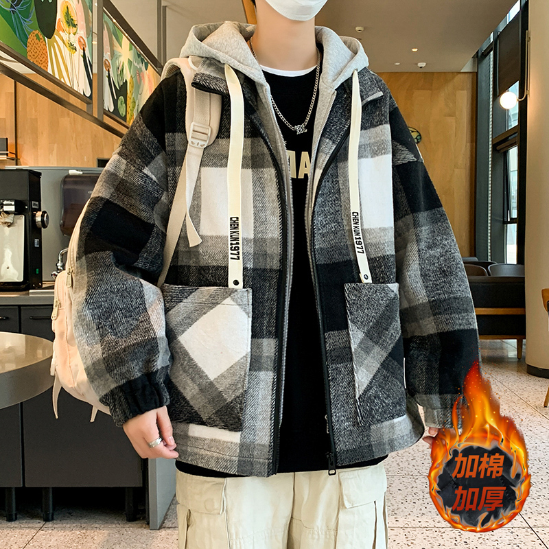 青少年加绒毛呢冬季加厚外套男学生假两件连帽港风夹克男士棉服