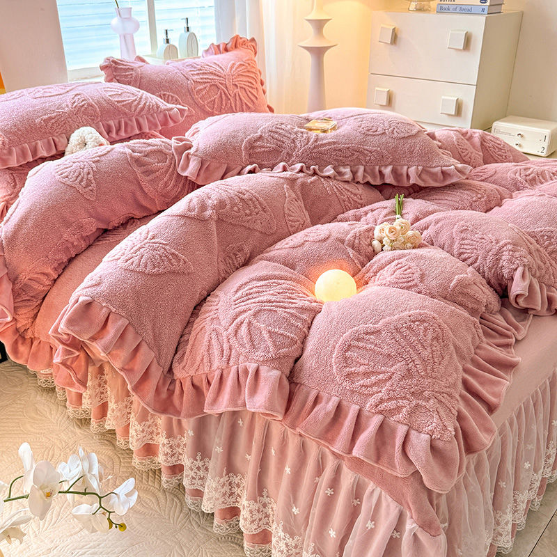 冬季加厚公主牛奶绒四件套双面珊瑚绒被罩加绒保暖床单被套床裙款