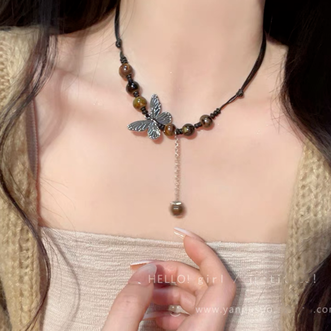 非金属布艺项链 中式民族风蝴蝶项链女轻奢设计感复古串珠锁骨链