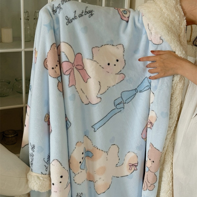 Warm【蓝蝴蝶结猫】韩系羊羔绒毛毯保暖亲肤卡通空调毯盖毯