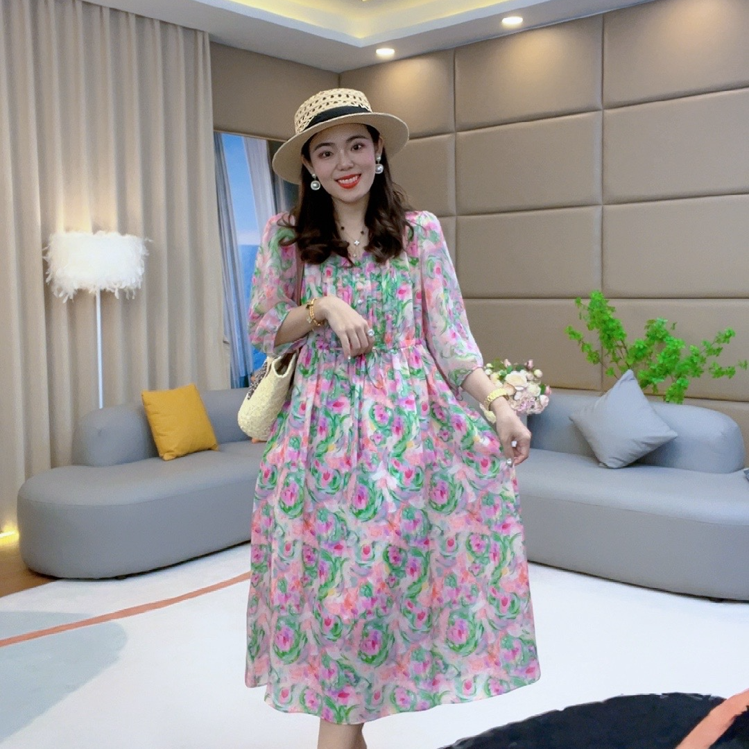 【火火精选】“繁花朵朵”V领彩色宽松时尚气质桑蚕丝连衣裙 90476