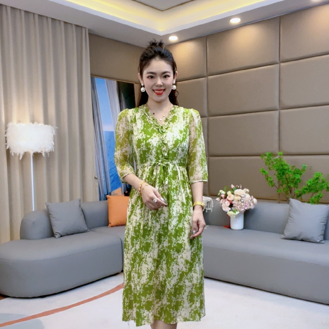 【火火精选】“绿叶花香”法式碎花气质绿色女士桑蚕丝连衣裙 90229
