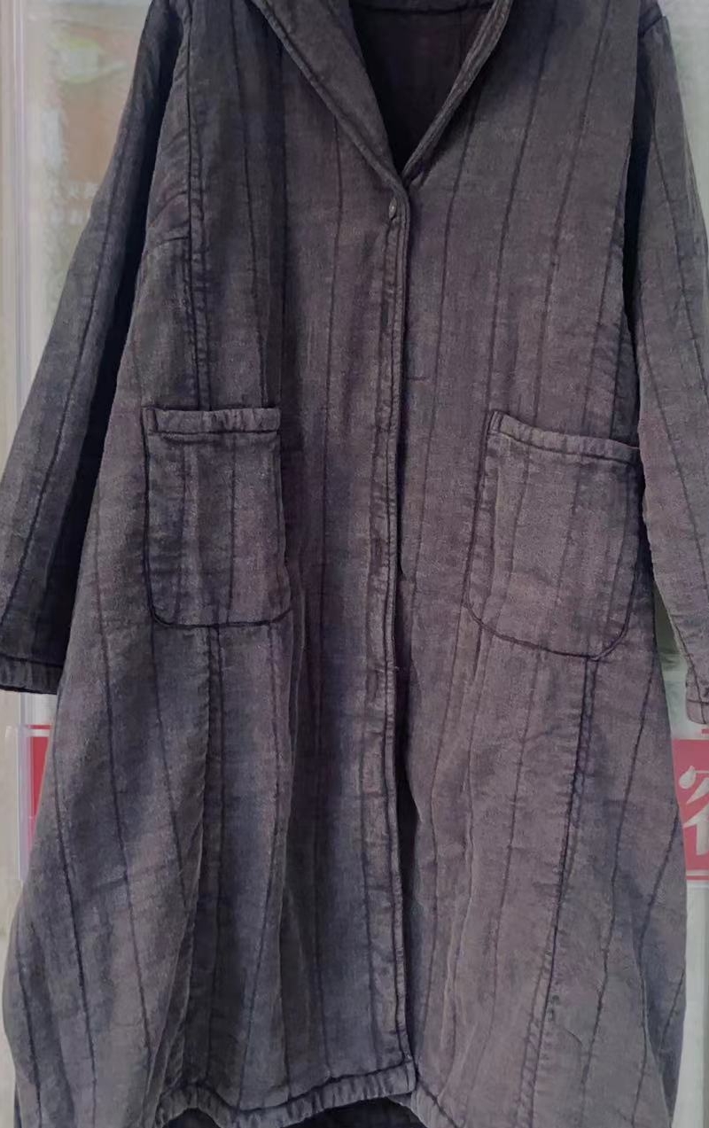 冬季新款纯亚麻包边炒色加厚棉服，时尚保暖条纹西装领女士棉衣