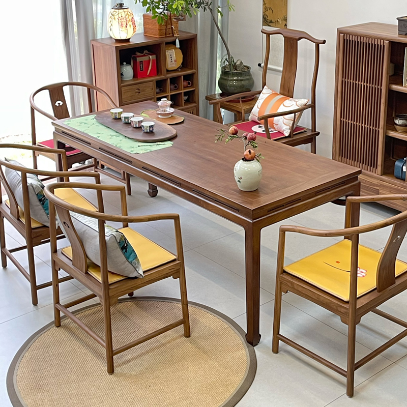 荣夏禅意中式马蹄腿茶台茶桌明式茶台榆木黑胡桃木色办公台办公桌