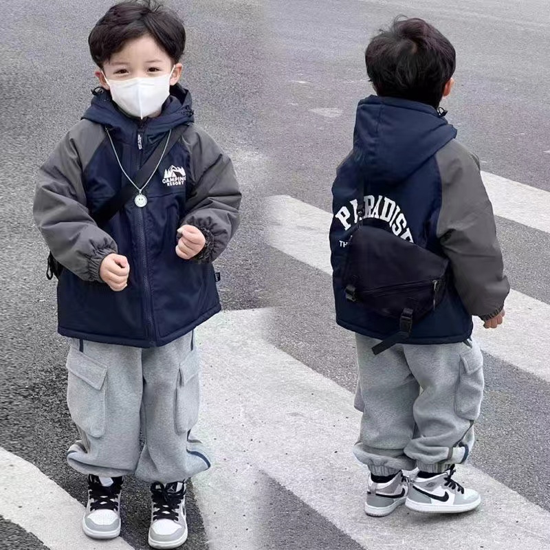 现货现发2025新款秋冬男童夹棉外套二棉新款儿童小童加绒棉服外套
