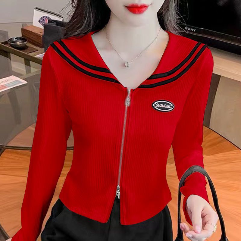 2023秋季新款娃娃领长袖T恤女设计感时尚修身减龄打底衫百搭上衣