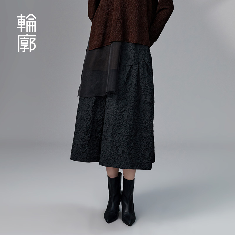 轮廓提花缎休闲裤L233K004原创复古立体花苞阔腿裤子显瘦气质百搭