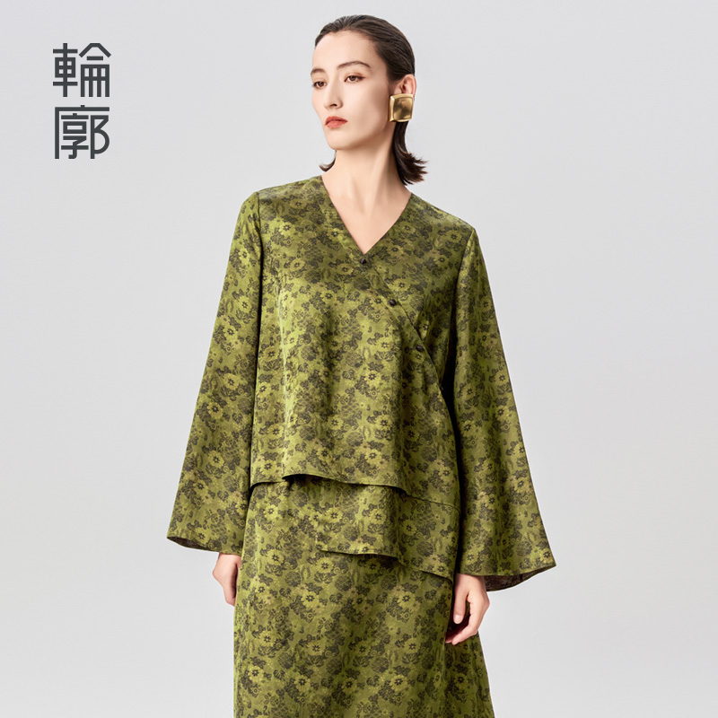 轮廓青韵新中式老钱风提花小上衣L242Y039优雅端庄印花缎面衬衫女