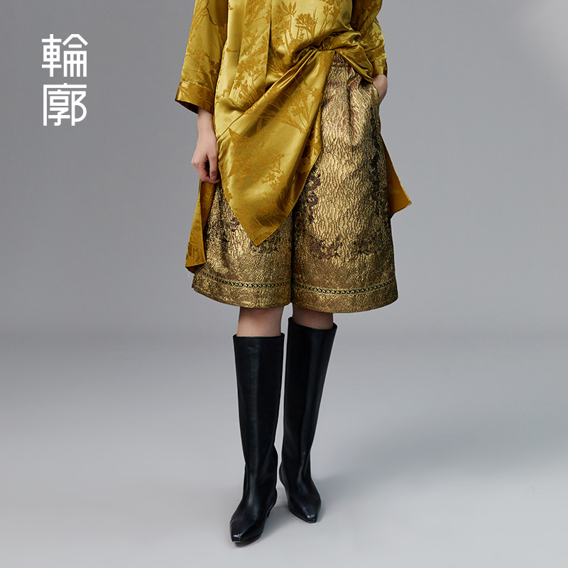 轮廓中国风龙纹阔腿裤L233K011双色提花老钱风休闲宽松显瘦五分裤