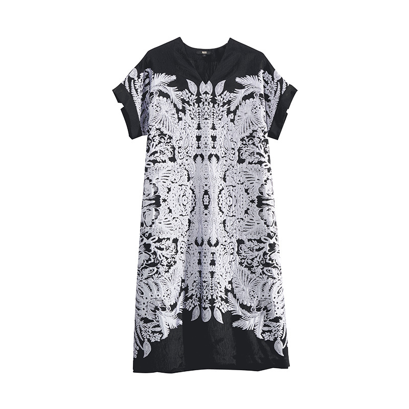 轮廓原创复古中长连衣裙落肩提花新款女装L231Y030短袖气质时尚