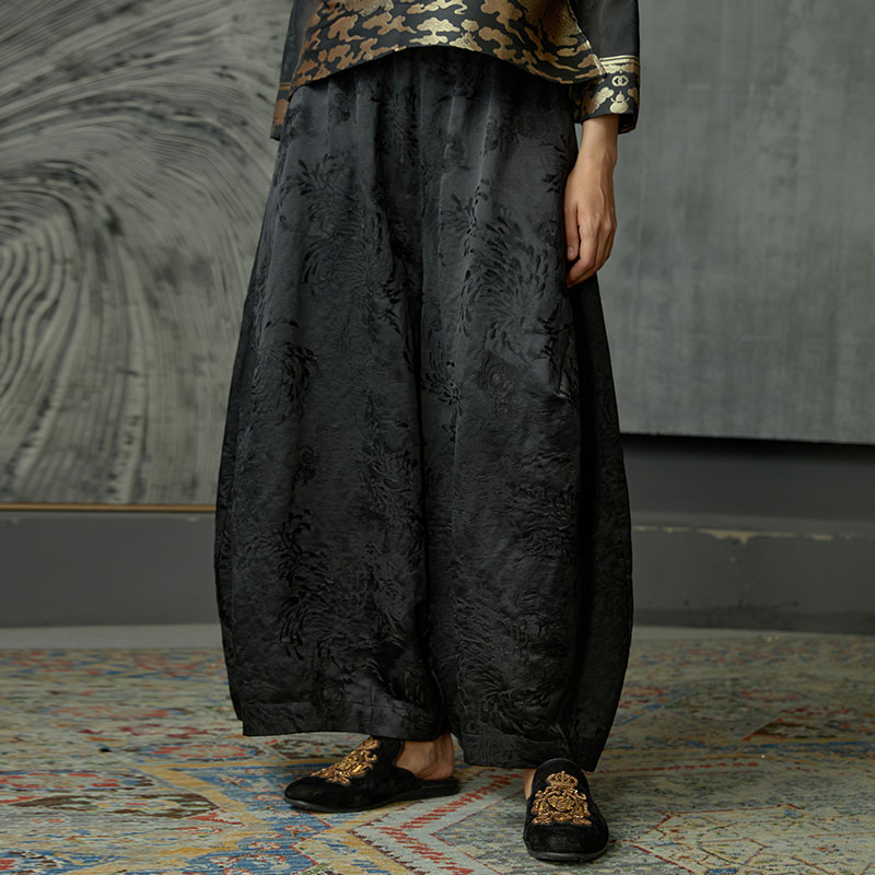 轮廓原创设计休闲裤L213K003复古提花通勤优雅阔腿裤女装九分裤潮