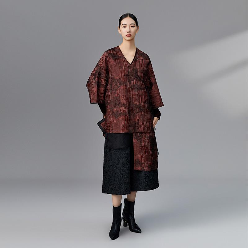 轮廓赤灵华锦中长款外套L233Y036复古不对称多层次宽松提花外套女