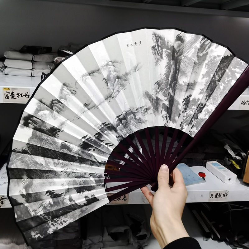 扇子折扇古风山水墨画舞蹈中风男款霸气汉服古装便携绢布竹扇