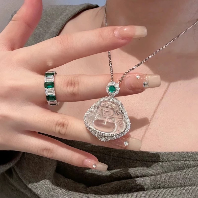 坠链均925银合成锆石 锆石新中式高透纯银镶嵌毛衣链女款大佛 公