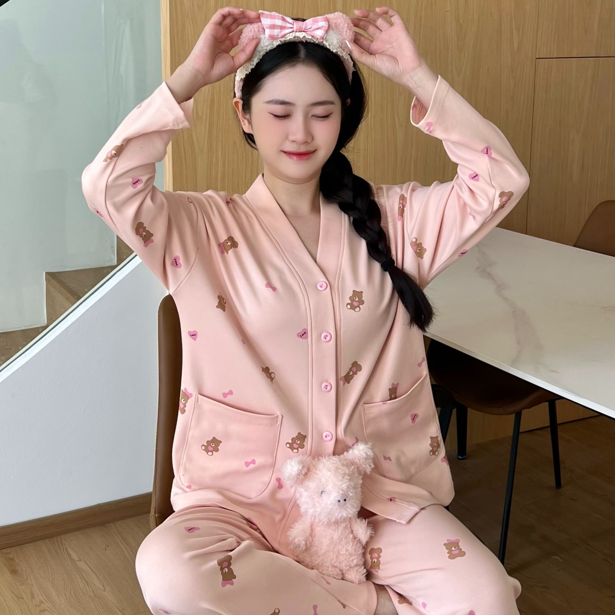 2025新款纯棉带胸垫睡衣女士秋冬大码长袖长裤家居服套装