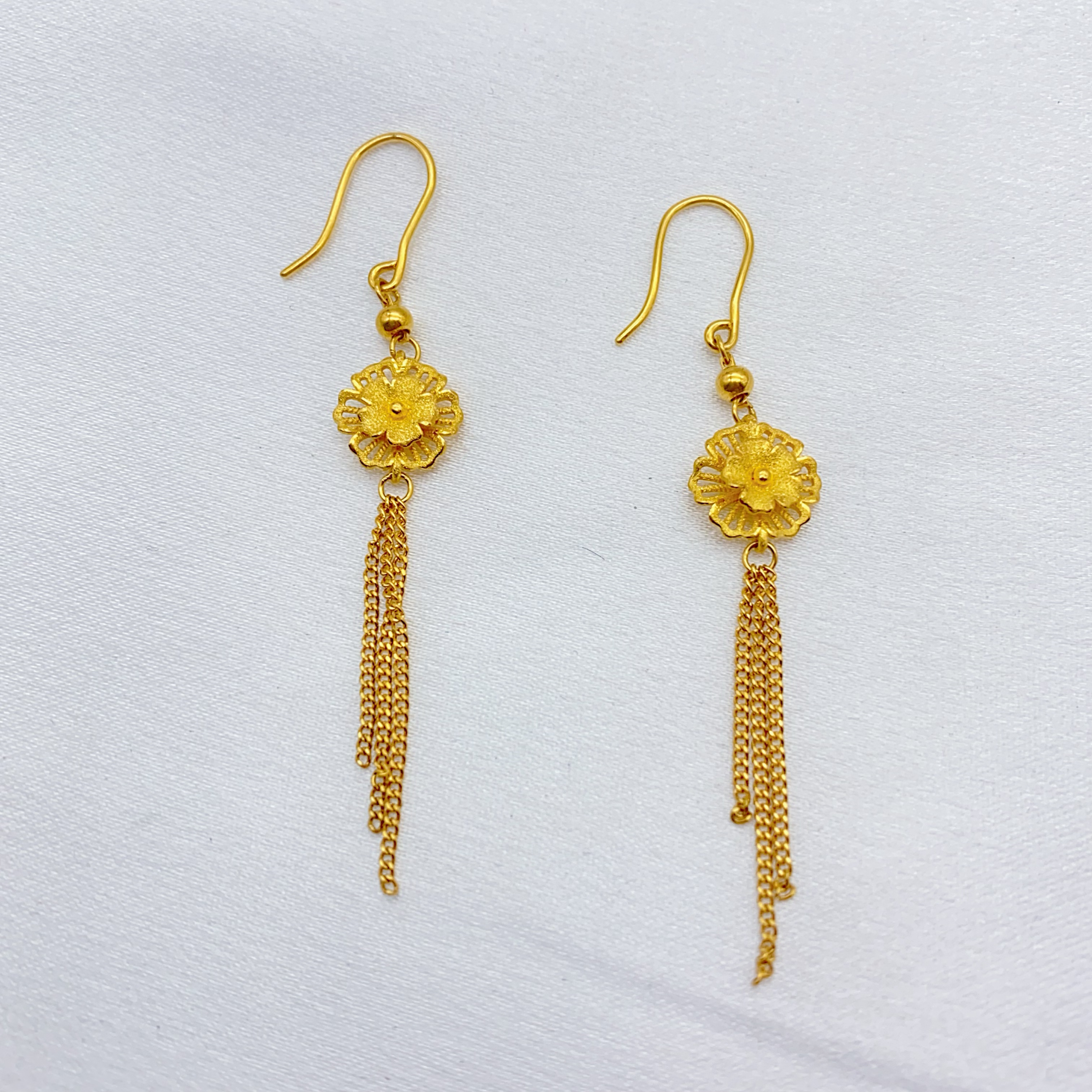 足金  精工5G工艺 磨砂花流苏 耳钩 3.9克