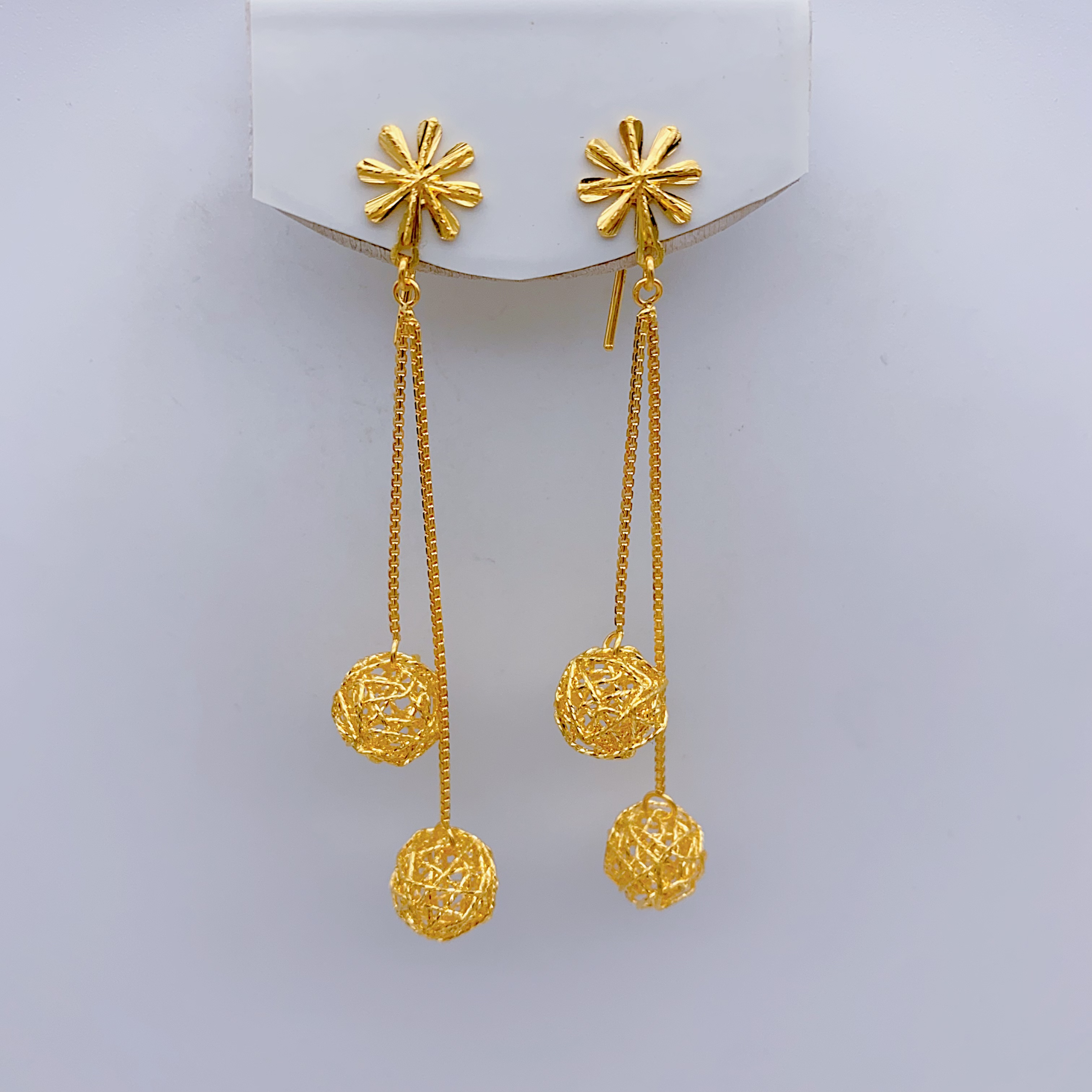 老庙足金2  精品5G芒星拉丝7字钩球球时尚气质简约5.78克