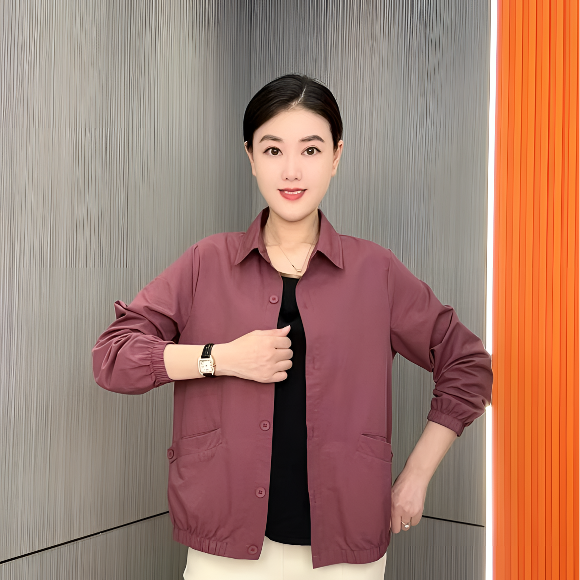 方齐欣服饰早秋薄款气质衬衫外套短款纯色翻领上衣宽松休闲妈妈装