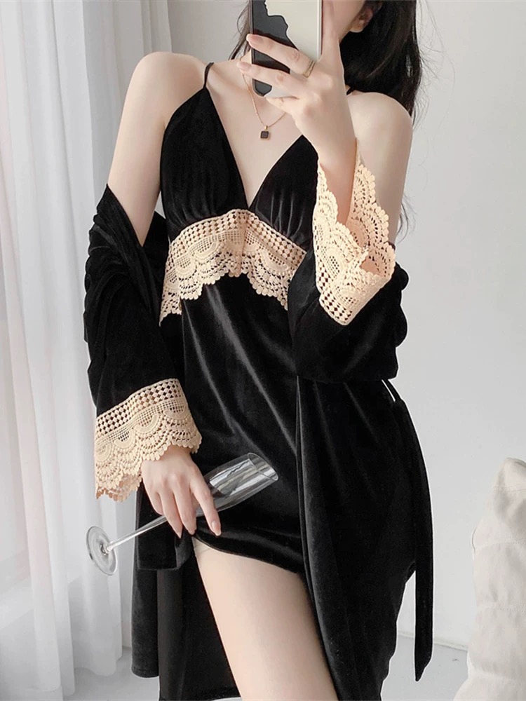 秋冬挂脖睡裙露背金丝绒吊带显瘦家居服性感蕾丝纯欲吊带睡裙