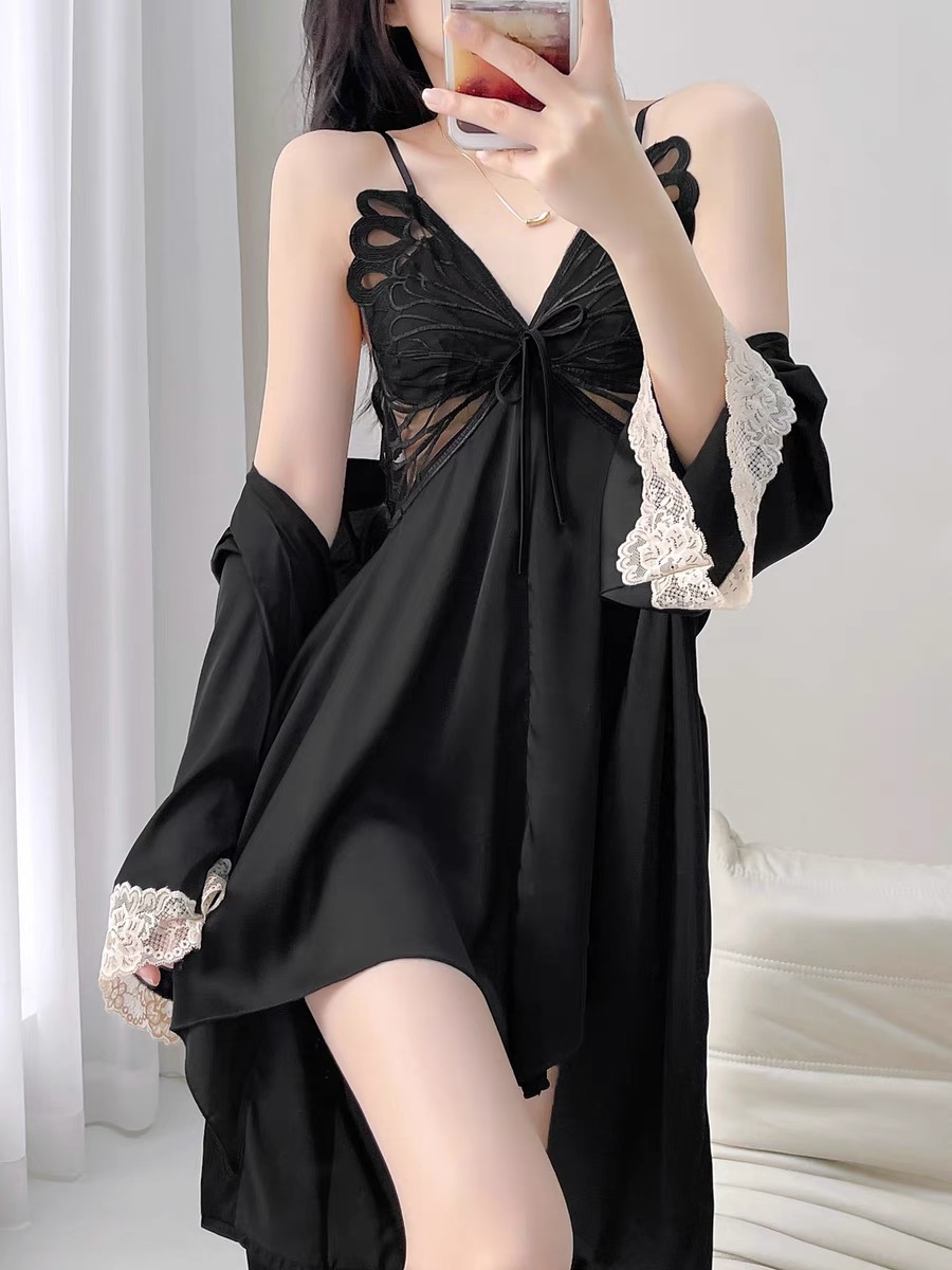 蝴蝶睡裙大露背冰丝吊带夏季家居服性感蕾丝纯欲吊带睡裙