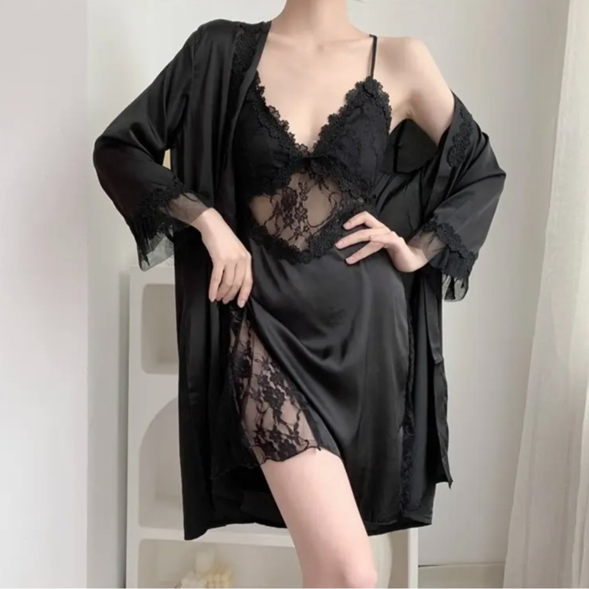 无品牌冰丝睡裙性感交叉美背情调蕾丝吊带睡裙家居服睡裙睡袍纯欲