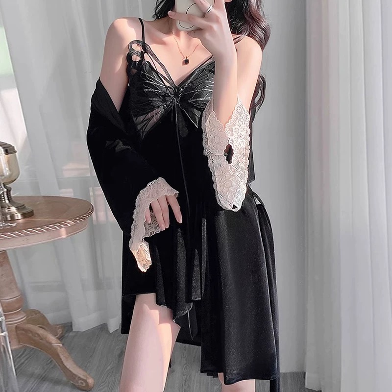 秋冬蝴蝶睡裙金丝绒吊带显瘦家居服性感蕾丝纯欲吊带睡裙网红